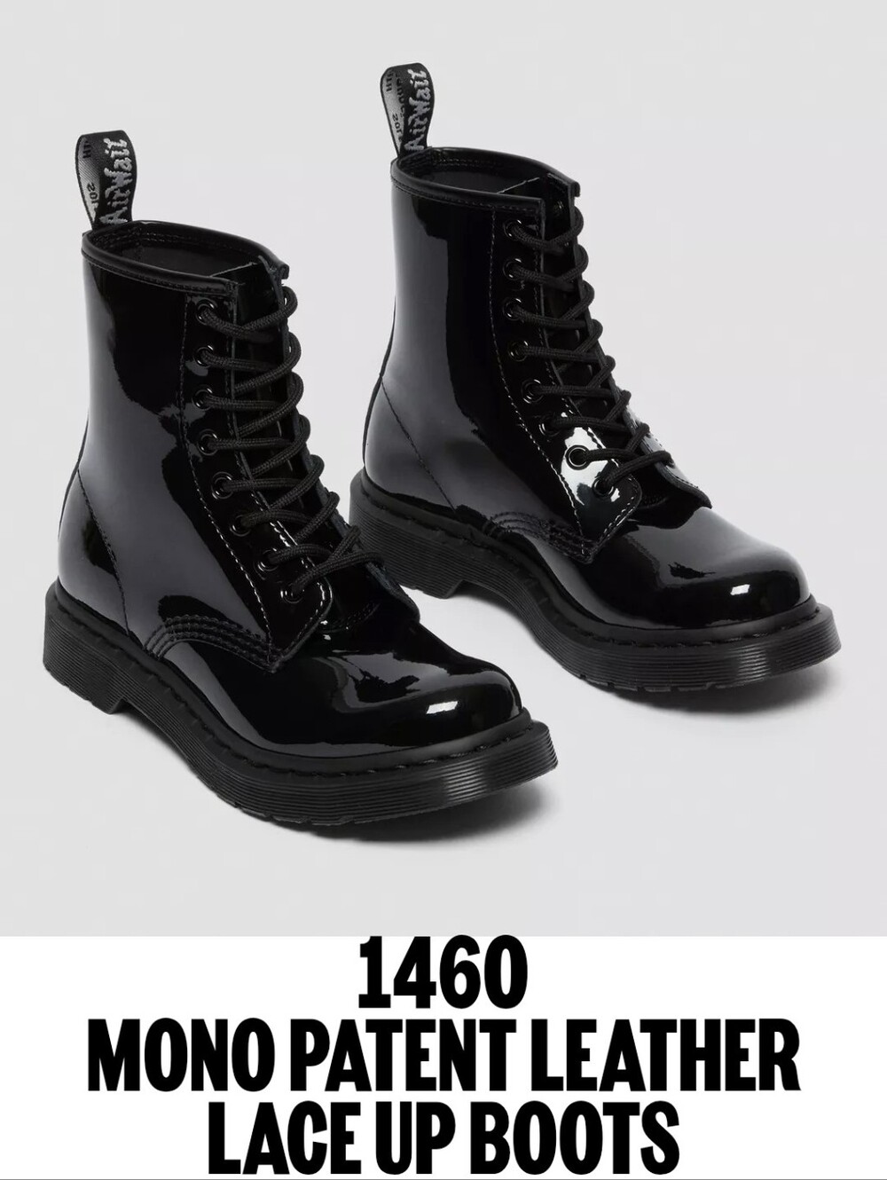 Rare Dr Martens Mono Patent Black 1460 Boots Lace Up Size 8 Women